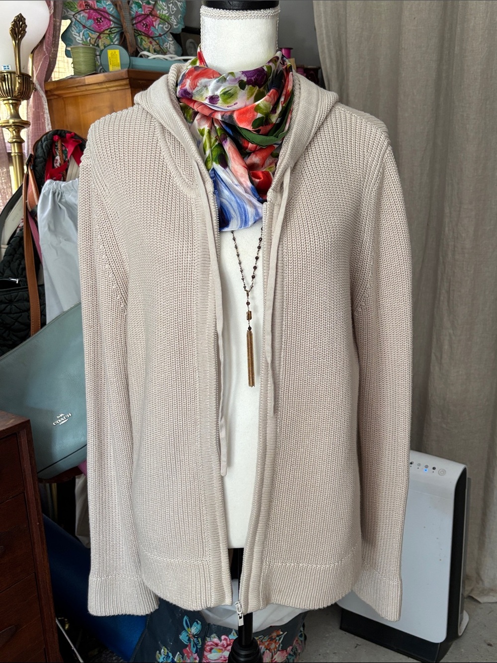 Pura Vida oatmeal Large - Hooded Zip Ribbed Cardigan. Fisherman’s zip up hoodie.